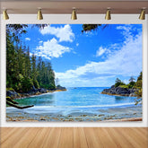 Lofaris Vibrant Blue Ocean Beach Photography Backdrop with Green Forest, Summer Studio Background for Vacation Photoshoot