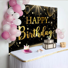 Lofaris Black and Gold Sparkling Glitter Happy Birthday Backdrop, Elegant Party Background with Balloons and Stars for Decor