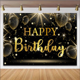 Lofaris Black and Gold Sparkling Glitter Happy Birthday Backdrop, Elegant Party Background with Balloons and Stars for Decor