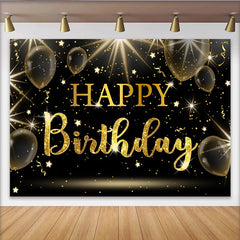 Lofaris Black and Gold Sparkling Glitter Happy Birthday Backdrop, Elegant Party Background with Balloons and Stars for Decor