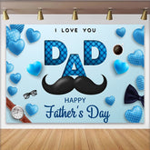 Lofaris Blue Hearts and Mustache Father's Day Backdrop with I Love You Dad Text, Happy Father's Day Party Decor for Photo Booth Props