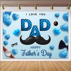 Lofaris Blue Hearts and Mustache Father's Day Backdrop with I Love You Dad Text, Happy Father's Day Party Decor for Photo Booth Props