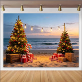 Lofaris Christmas Beach Backdrop with Decorated Trees, Ocean Sunset and Gifts, Festive Holiday Photography Background for Party Decor