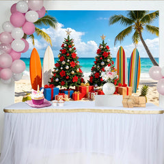 Lofaris Tropical Christmas Beach Backdrop with Decorated Trees and Surfboards, Festive Holiday Scene Background for Winter Party Photoshoot