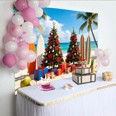 Lofaris Tropical Christmas Beach Backdrop with Decorated Trees and Surfboards, Festive Holiday Scene Background for Winter Party Photoshoot