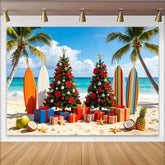 Lofaris Tropical Christmas Beach Backdrop with Decorated Trees and Surfboards, Festive Holiday Scene Background for Winter Party Photoshoot