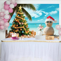 Lofaris Tropical Christmas Beach Backdrop with Sandman, Palm Tree and Gifts, Holiday Party Background for Festive Photoshoot