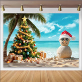 Lofaris Tropical Christmas Beach Backdrop with Sandman, Palm Tree and Gifts, Holiday Party Background for Festive Photoshoot