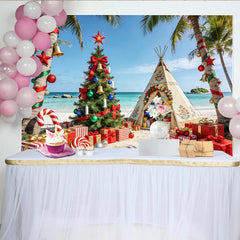 Lofaris Tropical Beach Christmas Backdrop with Decorated Palm Trees, Festive Holiday Photography Background for Party Decor