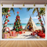 Lofaris Tropical Beach Christmas Backdrop with Decorated Palm Trees, Festive Holiday Photography Background for Party Decor