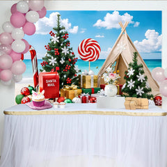Lofaris Tropical Christmas Beach Backdrop with Candy Cane and Santa Mailbox, Vibrant Holiday Photography Background for Summer Party Decor