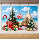 Lofaris Tropical Christmas Beach Backdrop with Candy Cane and Santa Mailbox, Vibrant Holiday Photography Background for Summer Party Decor