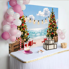 Lofaris Tropical Christmas Beach Backdrop with Decorated Trees and Gifts, Sparkling Ocean Background for Holiday Party Photography