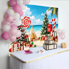 Lofaris Christmas Beach Photography Backdrop with Decorated Trees and Gifts, Tropical Holiday Background for Festive Photoshoot