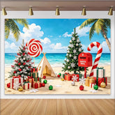 Lofaris Christmas Beach Photography Backdrop with Decorated Trees and Gifts, Tropical Holiday Background for Festive Photoshoot