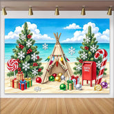 Lofaris Tropical Beach Christmas Backdrop with Teepee and Presents, Festive Holiday Background for Winter Beach Party Photography