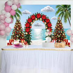Lofaris Tropical Christmas Beach Backdrop with Palm Trees and Poinsettias, Festive Holiday Background for Winter Vacation Party Decor