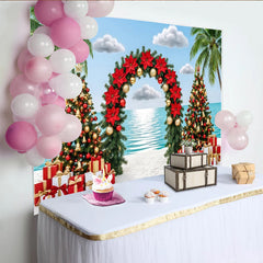 Lofaris Tropical Christmas Beach Backdrop with Palm Trees and Poinsettias, Festive Holiday Background for Winter Vacation Party Decor