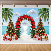 Lofaris Tropical Christmas Beach Backdrop with Palm Trees and Poinsettias, Festive Holiday Background for Winter Vacation Party Decor