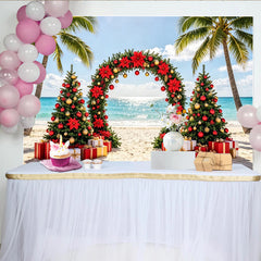Lofaris Tropical Beach Christmas Holiday Backdrop with Palm Trees and Poinsettias, Festive Red and Gold Decor for Winter Vacation Photography