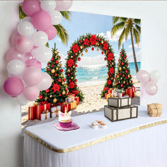 Lofaris Tropical Beach Christmas Holiday Backdrop with Palm Trees and Poinsettias, Festive Red and Gold Decor for Winter Vacation Photography