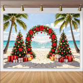 Lofaris Tropical Beach Christmas Holiday Backdrop with Palm Trees and Poinsettias, Festive Red and Gold Decor for Winter Vacation Photography