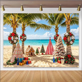 Lofaris Tropical Beach Christmas Backdrop with Palm Trees and Gingerbread House, Festive Holiday Background for Party Decoration and Photoshoot