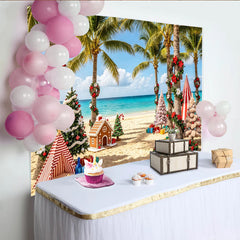 Lofaris Tropical Christmas Beach Backdrop with Palm Trees and Gifts, Festive Holiday Background for Winter Vacation Party Decor