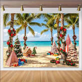 Lofaris Tropical Christmas Beach Backdrop with Palm Trees and Gifts, Festive Holiday Background for Winter Vacation Party Decor