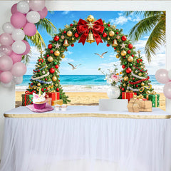 Lofaris Tropical Christmas Beach Backdrop with Decorated Arch and Palm Trees, Vibrant Holiday Photo Background for Festive Party Decor
