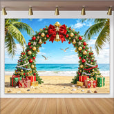 Lofaris Tropical Christmas Beach Backdrop with Decorated Arch and Palm Trees, Vibrant Holiday Photo Background for Festive Party Decor