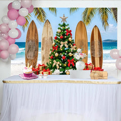 Lofaris Tropical Christmas Beach Backdrop with Palm Trees and Surfboards, Festive Holiday Party Decor for Photoshoot
