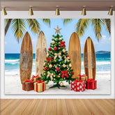 Lofaris Tropical Christmas Beach Backdrop with Palm Trees and Surfboards, Festive Holiday Party Decor for Photoshoot