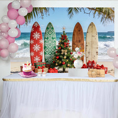 Lofaris Tropical Beach Christmas Backdrop with Surfboards and Presents, Festive Holiday Background for Winter Vacation Party Decor