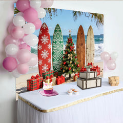 Lofaris Tropical Beach Christmas Backdrop with Surfboards and Presents, Festive Holiday Background for Winter Vacation Party Decor