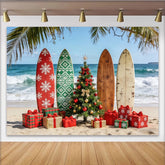 Lofaris Tropical Beach Christmas Backdrop with Surfboards and Presents, Festive Holiday Background for Winter Vacation Party Decor