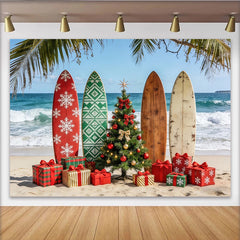 Lofaris Tropical Beach Christmas Backdrop with Surfboards and Presents, Festive Holiday Background for Winter Vacation Party Decor