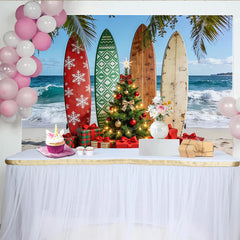 Lofaris Tropical Christmas Beach Backdrop with Surfboards and Presents, Festive Holiday Background for Party Decor and Photoshoot