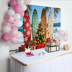 Lofaris Tropical Christmas Beach Backdrop with Surfboards and Presents, Festive Holiday Background for Party Decor and Photoshoot