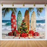Lofaris Tropical Christmas Beach Backdrop with Surfboards and Presents, Festive Holiday Background for Party Decor and Photoshoot