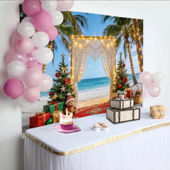 Lofaris Christmas Beach Backdrop with Palm Trees and Macrame Arch, Festive Holiday Background for Tropical Party Decor