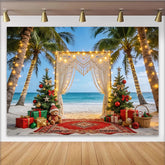 Lofaris Christmas Beach Backdrop with Palm Trees and Macrame Arch, Festive Holiday Background for Tropical Party Decor