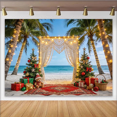 Lofaris Christmas Beach Backdrop with Palm Trees and Macrame Arch, Festive Holiday Background for Tropical Party Decor
