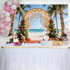 Lofaris Tropical Beach Christmas Backdrop with Palm Trees and Macrame Arch, Festive Holiday Photography Background for Winter Party Decor