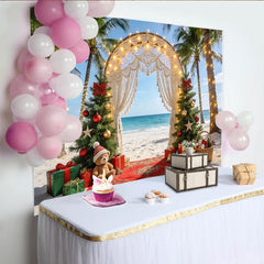 Lofaris Tropical Beach Christmas Backdrop with Palm Trees and Macrame Arch, Festive Holiday Photography Background for Winter Party Decor