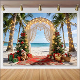 Lofaris Tropical Beach Christmas Backdrop with Palm Trees and Macrame Arch, Festive Holiday Photography Background for Winter Party Decor