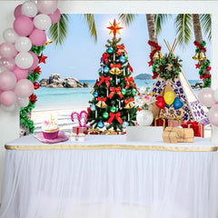 Lofaris Tropical Beach Christmas Backdrop with Palm Trees and Decorated Tree, Festive Holiday Background for Winter Vacation Party