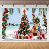 Lofaris Tropical Beach Christmas Backdrop with Palm Trees and Decorated Tree, Festive Holiday Background for Winter Vacation Party
