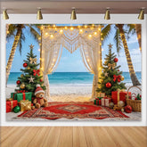 Lofaris Tropical Beach Christmas Backdrop with Palm Trees and Macrame Arch, Festive Photography Background for Holiday and Party Decoration