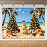 Lofaris Tropical Christmas Beach Backdrop with Sand Snowman and Palm Trees, Festive Photo Background for Holiday Party Decoration